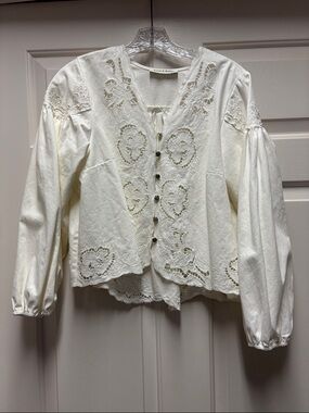 NWT Aaron & Amber Cream Embroidered Peasant Blouse Button Front jacket SMALL